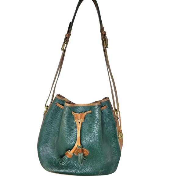 Vintage Dooney & Bourke Green & Tan Leather Bucket Purse - Picture 1 of 10